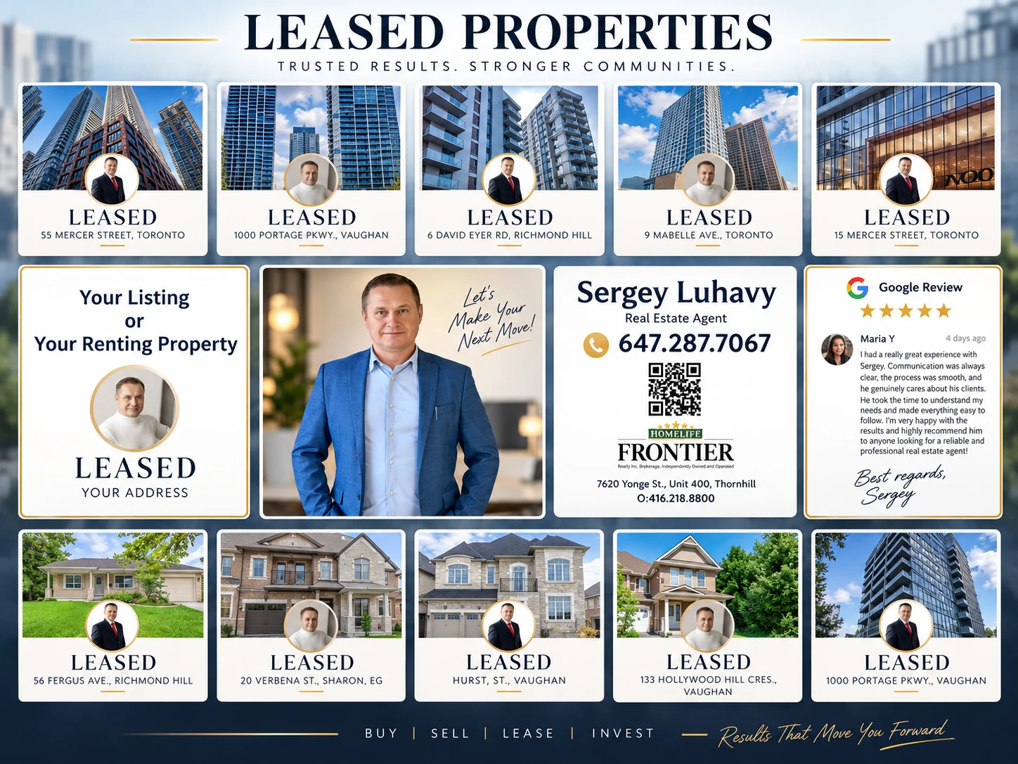 Selected properties leased with Sergey Luhavy across Toronto, Vaughan, Richmond Hill, Sharon and nearby GTA communities