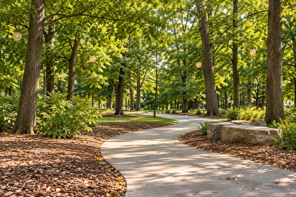 Tree-lined walking path inspired by Mulock Park in Newmarket, Ontario